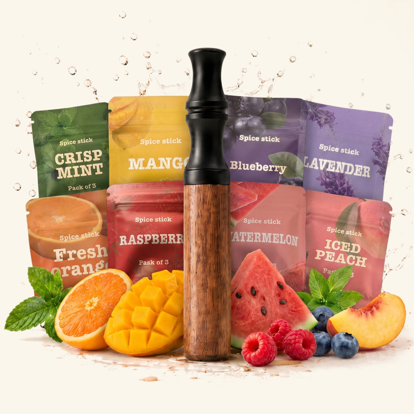 Crave wooden flavor stick standing among Crisp Mint, Mango, Blueberry, Lavender, Fresh Orange, Raspberry, Watermelon and Iced Peach flavor packs with fresh fruit and a water splash